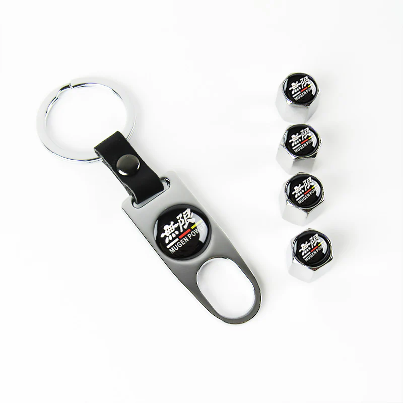 Mugen Universal Car SUV Wheel Tire Valves Dust Stem Air Caps Keychain Emblem Silver Set - Image 6