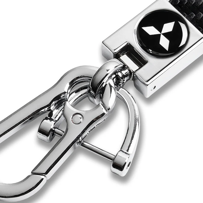 Mitsubishi Universal Chrome 3D Logo Carbon Fiber Look Black Leather Metal Gift Decor Quick Release Lanyard Keychain - Image 2