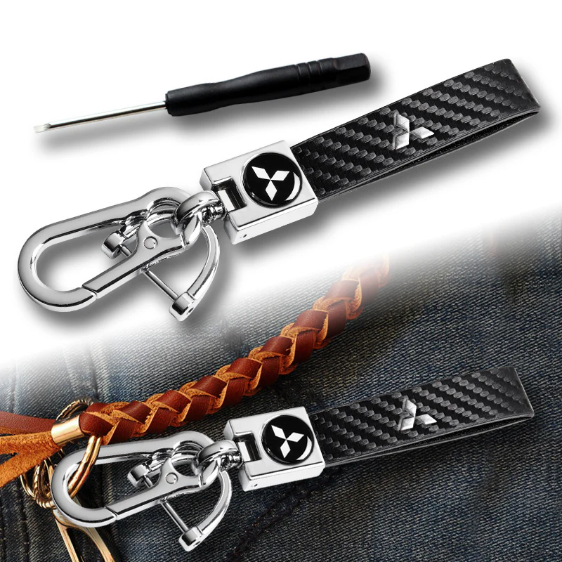 Mitsubishi Universal Chrome 3D Logo Carbon Fiber Look Black Leather Metal Gift Decor Quick Release Lanyard Keychain - Image 3