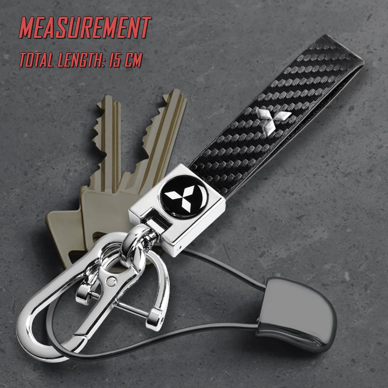 Mitsubishi Universal Chrome 3D Logo Carbon Fiber Look Black Leather Metal Gift Decor Quick Release Lanyard Keychain - Image 5