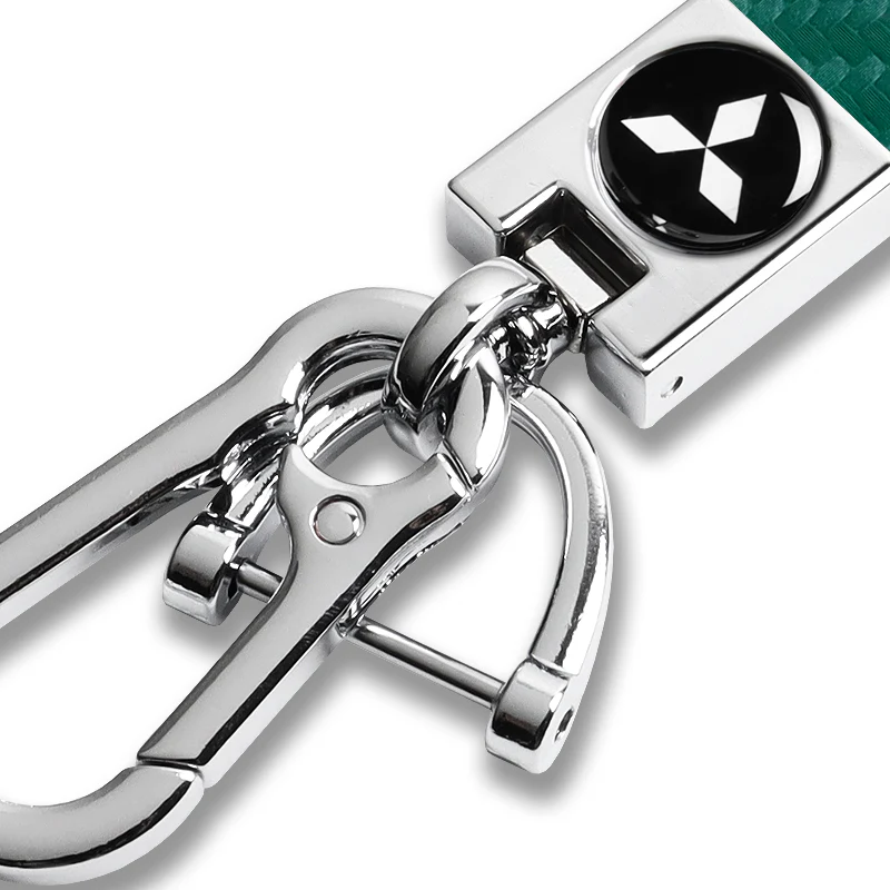 Mitsubishi Universal Chrome 3D Logo Carbon Fiber Look Green Leather Metal Gift Decor Quick Release Lanyard Keychain - Image 2