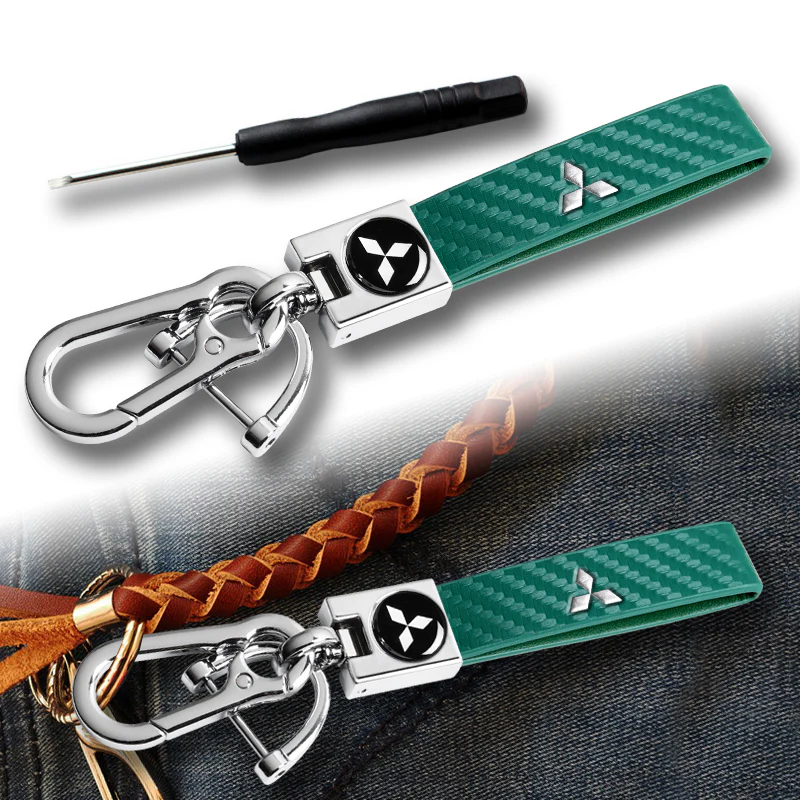 Mitsubishi Universal Chrome 3D Logo Carbon Fiber Look Green Leather Metal Gift Decor Quick Release Lanyard Keychain - Image 3