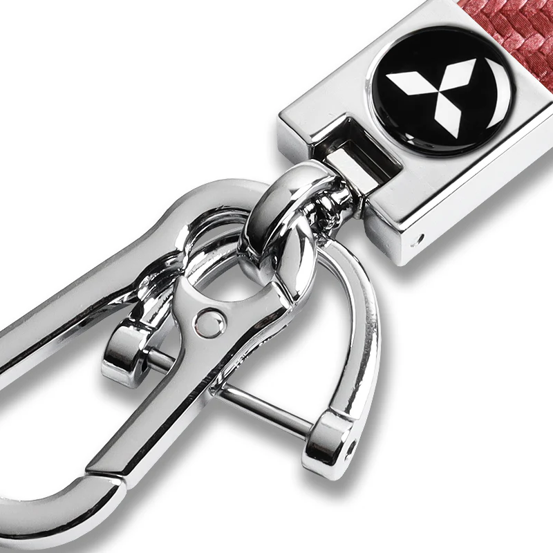 Mitsubishi Universal Chrome 3D Logo Carbon Fiber Look Pink Leather Metal Gift Decor Quick Release Lanyard Keychain - Image 2