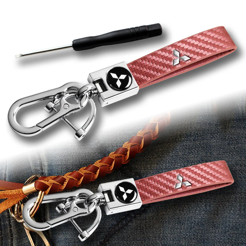 Mitsubishi Universal Chrome 3D Logo Carbon Fiber Look Pink Leather Metal Gift Decor Quick Release Lanyard Keychain - Image 3