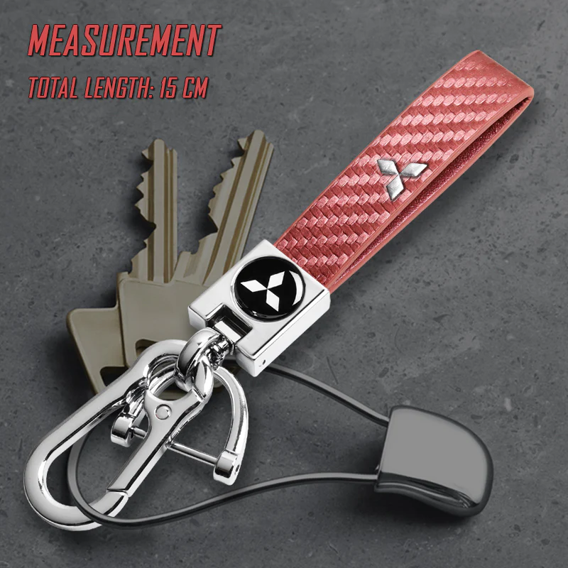 Mitsubishi Universal Chrome 3D Logo Carbon Fiber Look Pink Leather Metal Gift Decor Quick Release Lanyard Keychain - Image 5