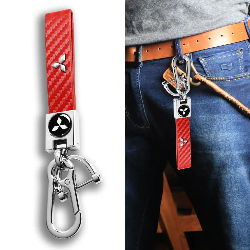 Mitsubishi Universal Chrome 3D Logo Carbon Fiber Look Red Leather Metal Gift Decor Quick Release Lanyard Keychain - Image 7