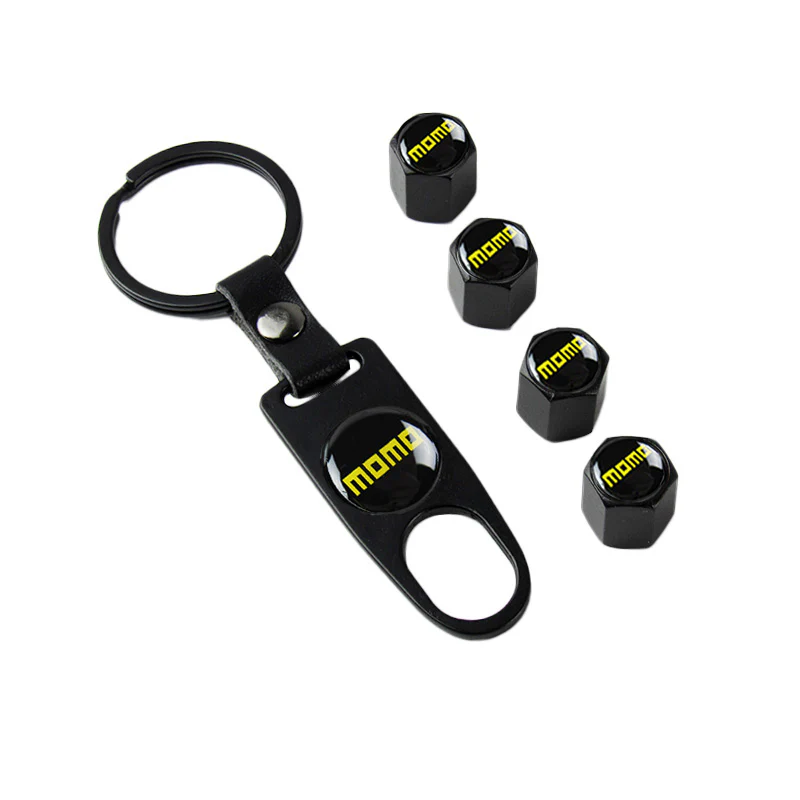 MOMO Sports Universal Car SUV Wheel Tire Valves Dust Stem Air Caps Keychain Emblem Black Set - Image 6