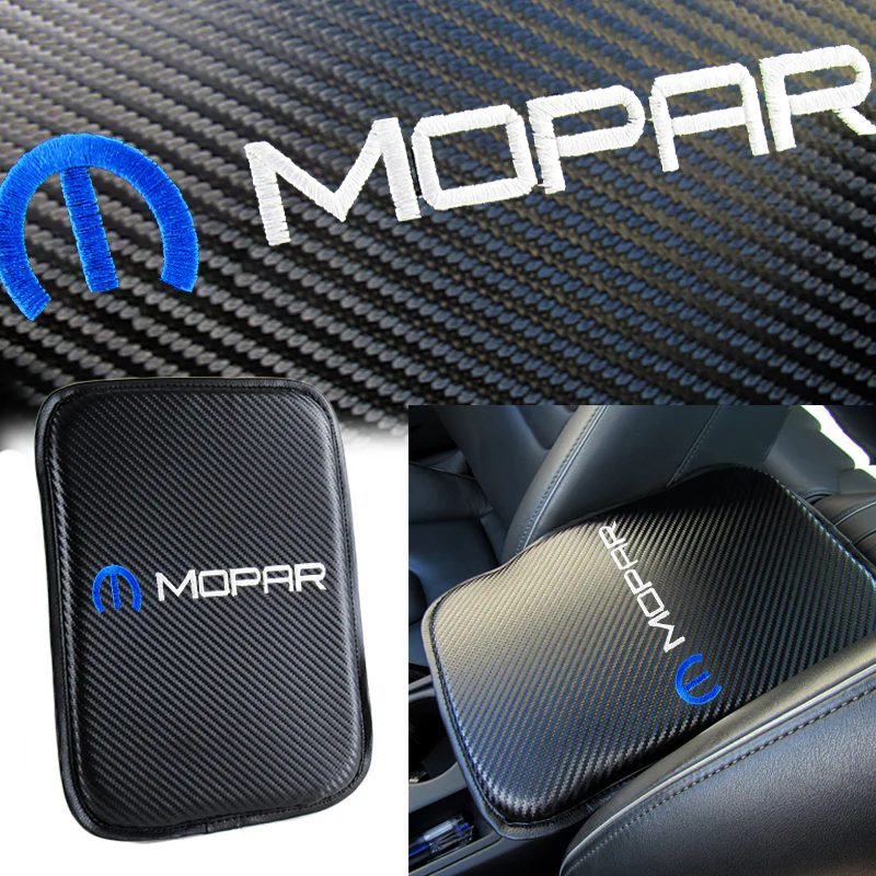 MOPAR Embroidered Armrest Cushion with Seat Belt Cover Set Carbon Fiber Look Center Console Cover Pad Mat - Image 2