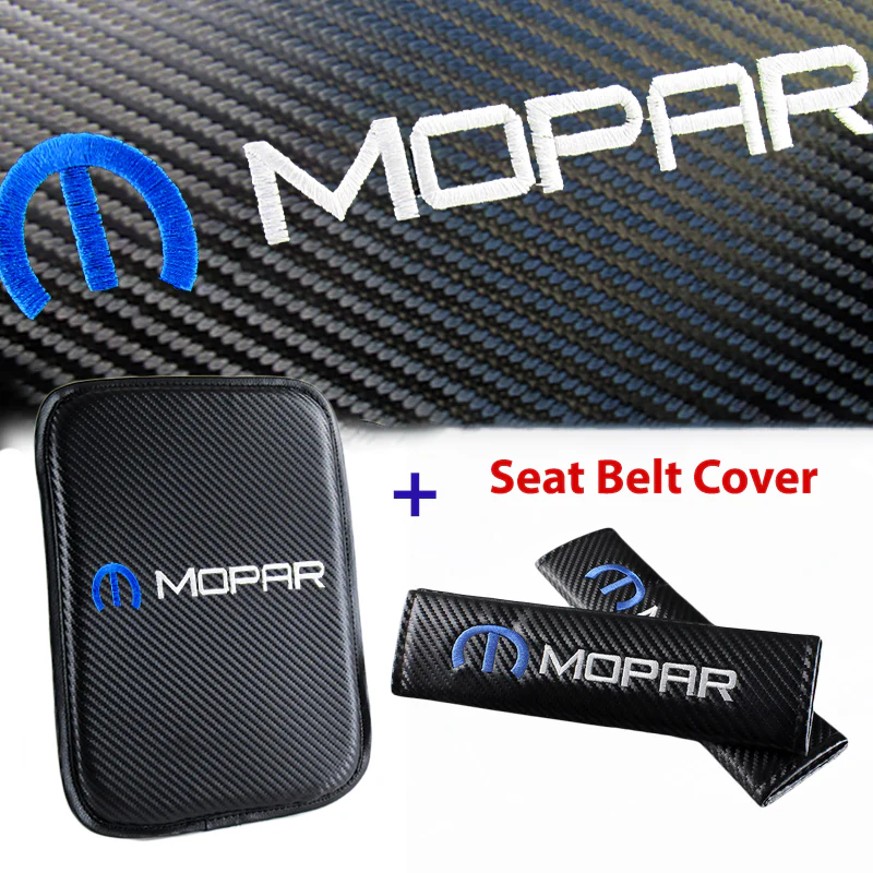 MOPAR Embroidered Armrest Cushion with Seat Belt Cover Set Carbon Fiber Look Center Console Cover Pad Mat - Image 7