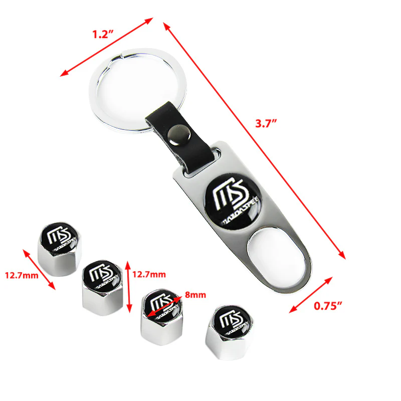 MS Mazda Speed Universal Car SUV Wheel Tire Valves Dust Stem Air Caps Keychain Emblem Silver Set - Image 3