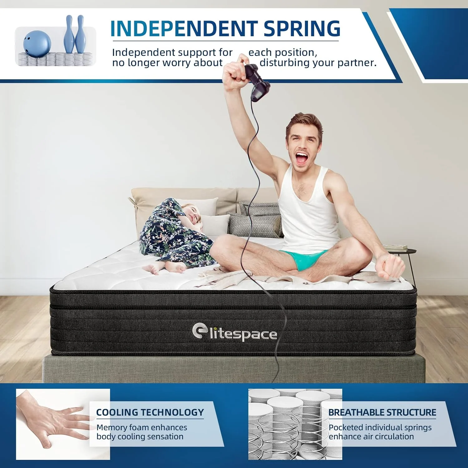 EliteSpace Full Mattress,10 Inch Hybrid Mattress with Gel Memory Foam, Motion Isolation Individually Wrapped Pocket Coils Mattress, Fits All Bed Frames Mattress, Medium Firm Feel Mattresses - Image 5
