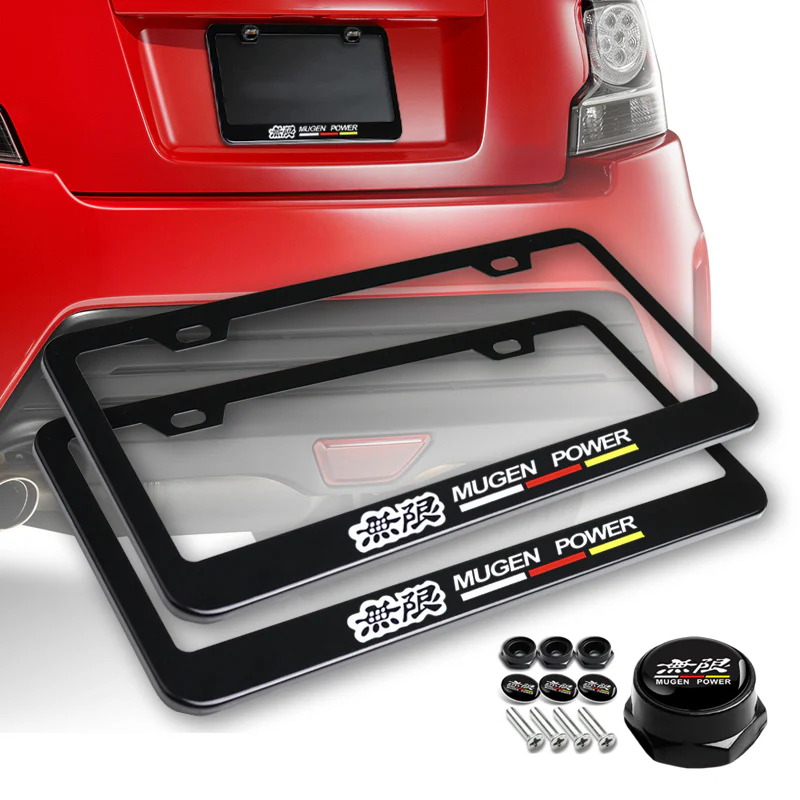 Mugen 2 pcs Black Stainless Steel License Plate Frame with Caps Bolt Screw Set - Image 5