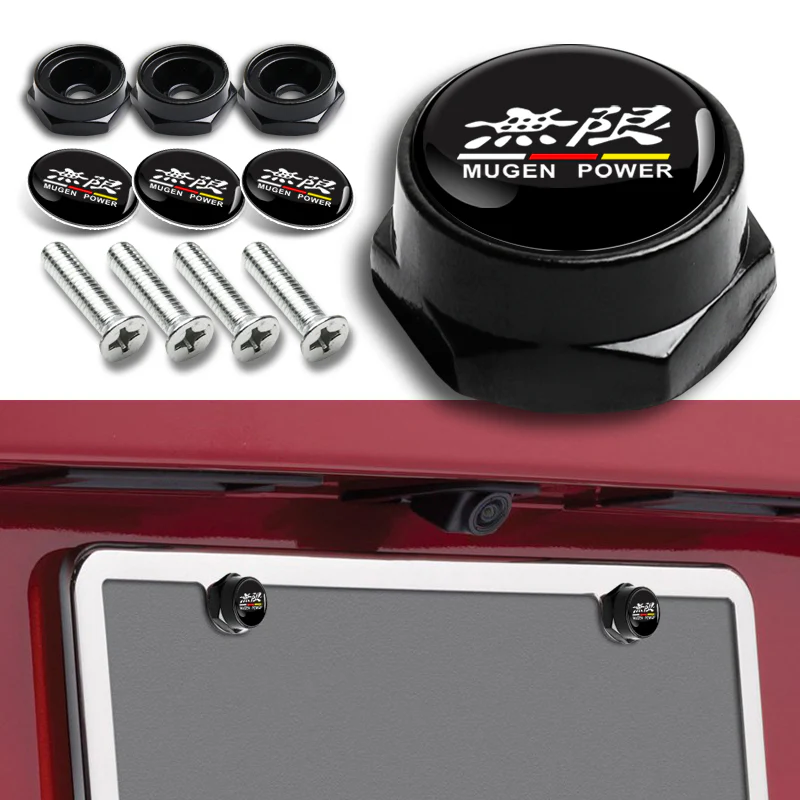 Mugen 2 pcs Black Stainless Steel License Plate Frame with Caps Bolt Screw Set - Image 7