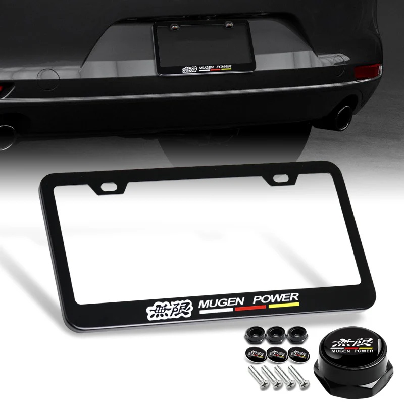 Mugen 2 pcs Black Stainless Steel License Plate Frame with Caps Bolt Screw Set - Image 8