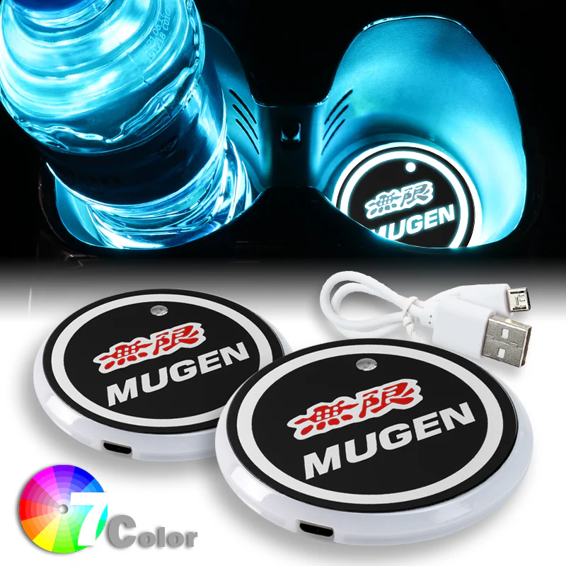 Mugen Car Center Console Armrest Cushion Mat Pad Cover Stitched Embroidery Logo with LED Cup Coaster Set - Image 3