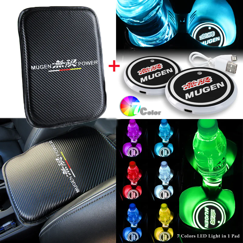 Mugen Car Center Console Armrest Cushion Mat Pad Cover Stitched Embroidery Logo with LED Cup Coaster Set - Image 6