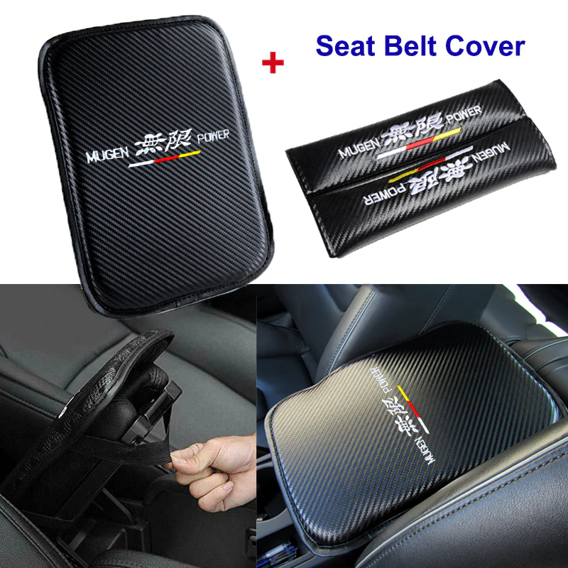 Mugen Car Center Console Armrest Cushion Mat Pad Embroidery Cover with Seat Belt Cover Set - Image 5