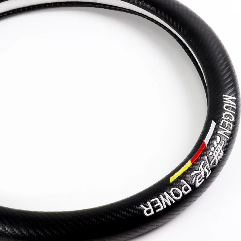 MUGEN POWER Set 15" Diameter Steering Wheel Cover Carbon Fiber Look Leather with Badge JDM Logo Horn Button - Image 2