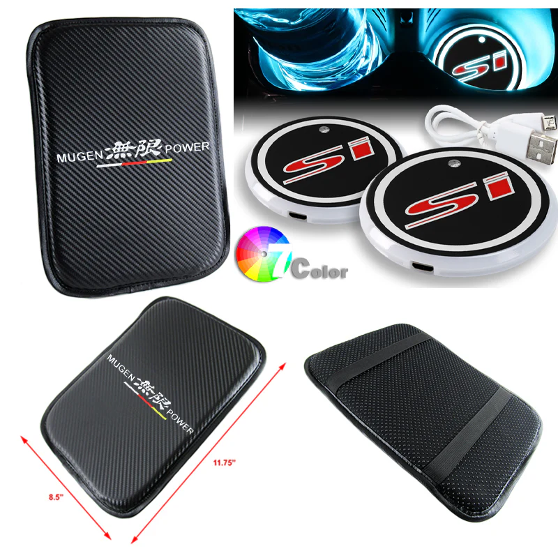 Mugen Si CIVIC Set Car Center Console Armrest Cushion Mat Pad Cover with LED Cup Coaster Set - Image 5