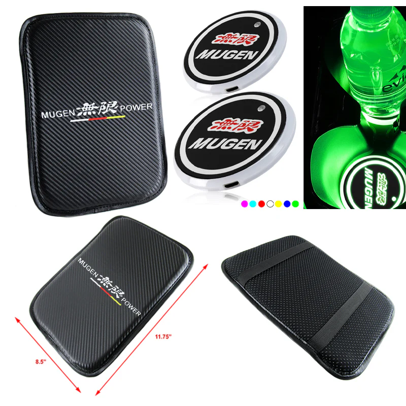 Mugen Set Car Center Console Armrest Cushion Mat Pad Cover with LED Cup Coaster Set - Image 7