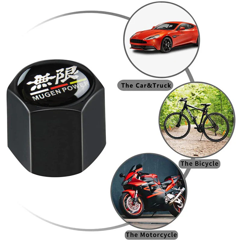 Mugen Universal Car SUV Wheel Tire Valves Dust Stem Air Caps Keychain Emblem Black Set - Image 4