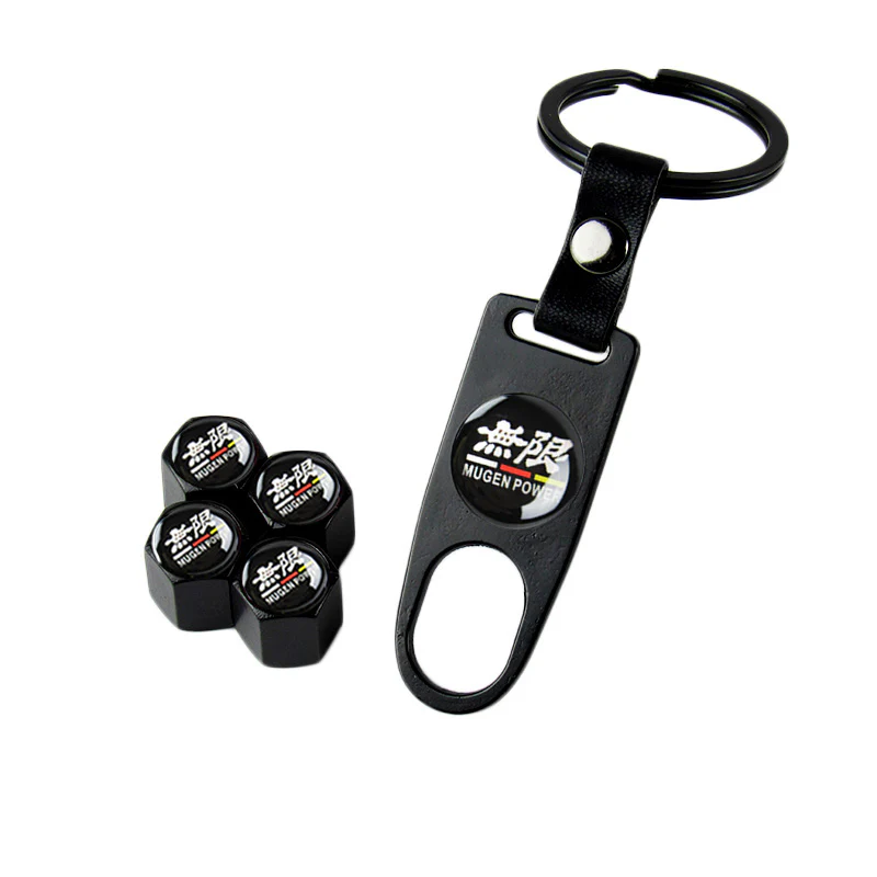 Mugen Universal Car SUV Wheel Tire Valves Dust Stem Air Caps Keychain Emblem Black Set - Image 5