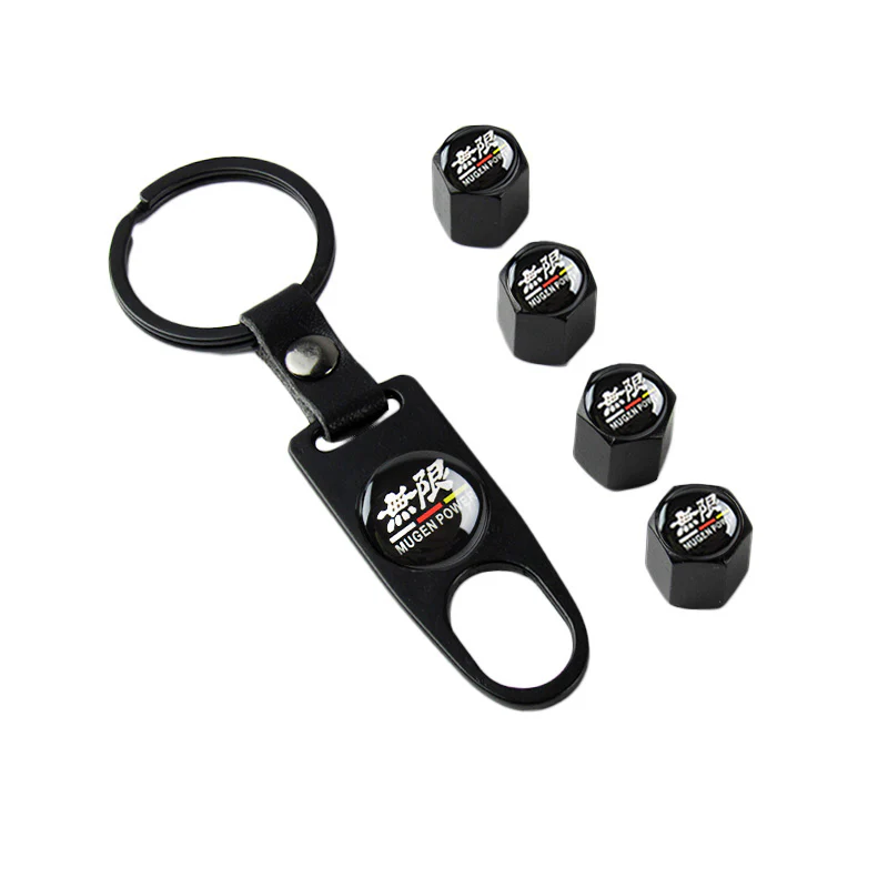 Mugen Universal Car SUV Wheel Tire Valves Dust Stem Air Caps Keychain Emblem Black Set - Image 6