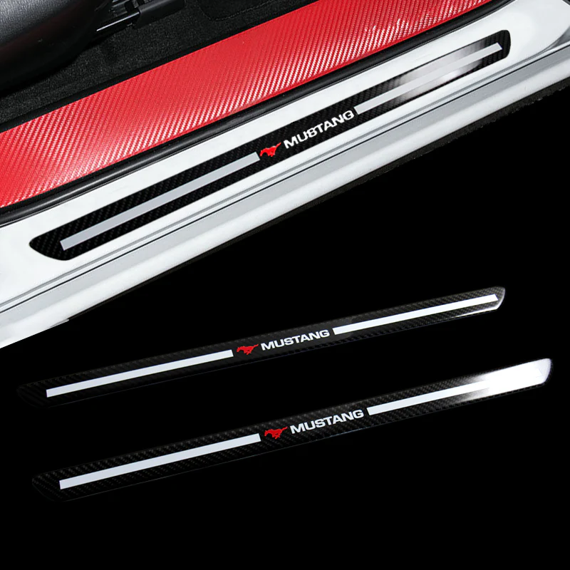 Mustang Carbon Fiber Car Door Welcome Plate Sill Scuff Cover Panel Sticker 4PC Set with LED Coaster - Image 2