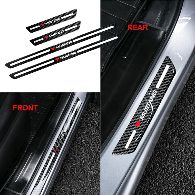 Mustang Carbon Fiber Car Door Welcome Plate Sill Scuff Cover Panel Sticker 4PC Set with LED Coaster - Image 6