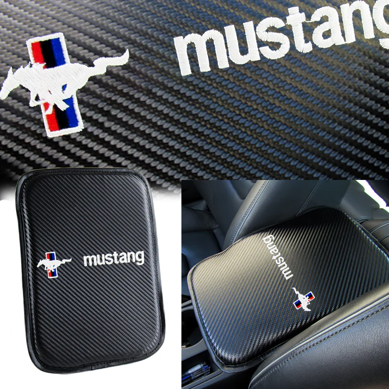 MUSTANG Embroidered Armrest Cushion Center Console Cover Carbon Fiber Look Pad Mat - Image 3
