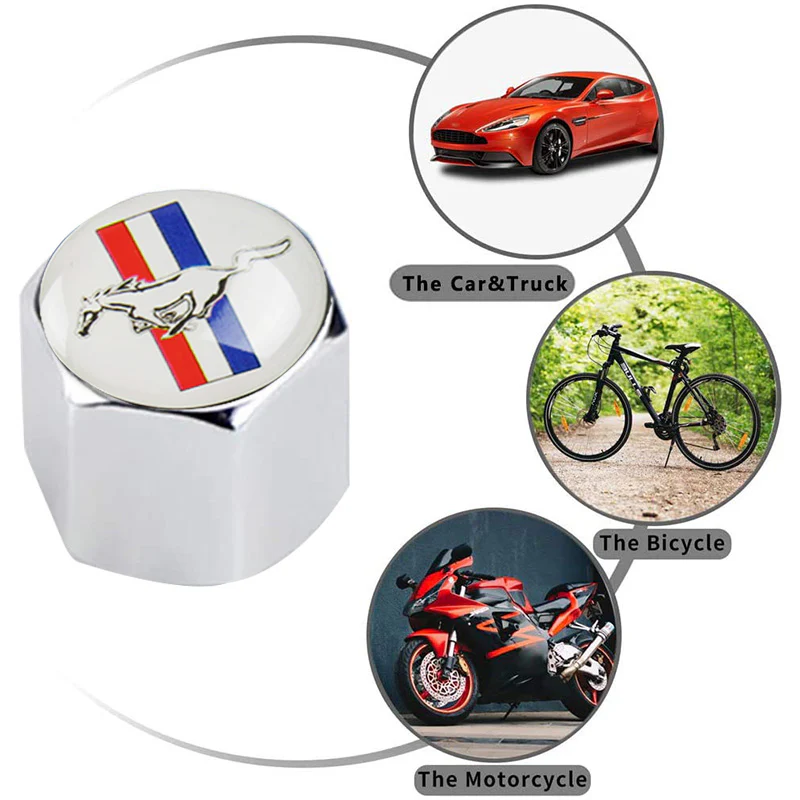 Ford Mustang Set LOGO Emblems with Silver Tire Valves Wheel Air Caps Keychain - US SELLER - Image 2