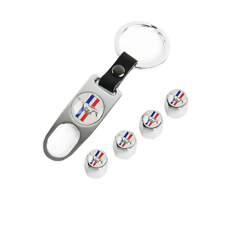Ford Mustang Set LOGO Emblems with Silver Tire Valves Wheel Air Caps Keychain - US SELLER - Image 6