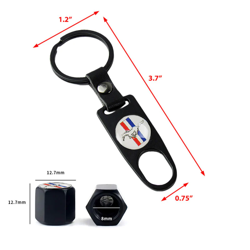 MUSTANG Universal Car SUV Wheel Tire Valves Dust Stem Air Caps Keychain Emblem Set - Image 3