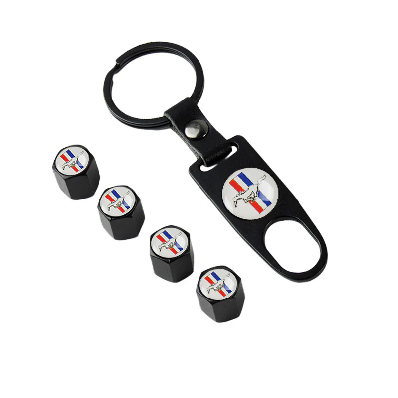 MUSTANG Universal Car SUV Wheel Tire Valves Dust Stem Air Caps Keychain Emblem Set - Image 5