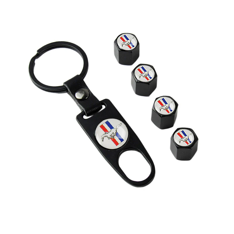 MUSTANG Universal Car SUV Wheel Tire Valves Dust Stem Air Caps Keychain Emblem Set - Image 7