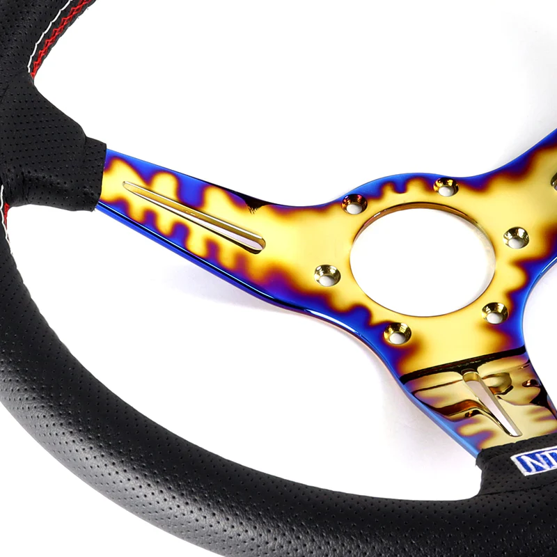 Nardi 88MM DEEP DISH 350MM/ 13.78" Black Leather with Red White Stitching Steering Wheel with Nardi Logo Horn Button 3 Spokes Neo Gold Blue Sty - Image 2