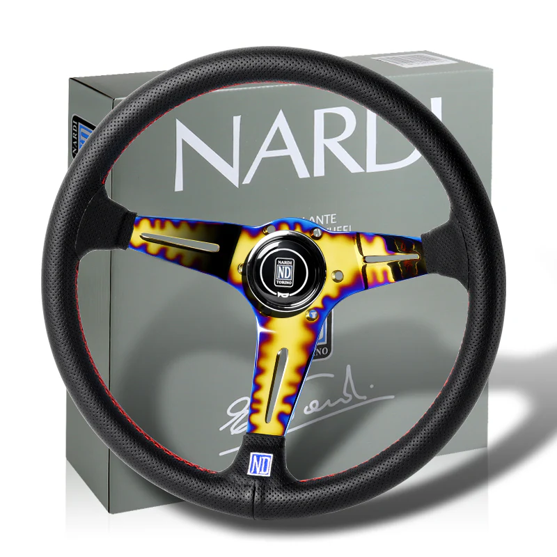 Nardi 88MM DEEP DISH 350MM/ 13.78" Black Leather with Red White Stitching Steering Wheel with Nardi Logo Horn Button 3 Spokes Neo Gold Blue Sty - Image 4