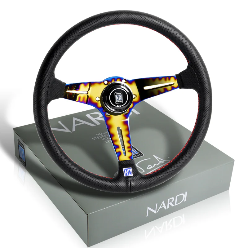 Nardi 88MM DEEP DISH 350MM/ 13.78" Black Leather with Red White Stitching Steering Wheel with Nardi Logo Horn Button 3 Spokes Neo Gold Blue Sty - Image 6
