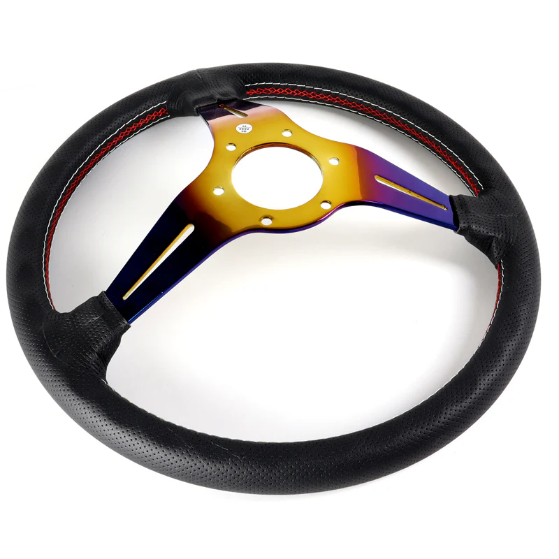 Nardi 88MM DEEP DISH 350MM/ 13.78" Black Leather with Red White Stitching Steering Wheel with Nardi Logo Horn Button 3 Spokes Neo Gold Blue Sty - Image 7