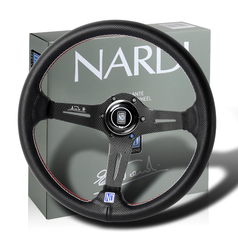 Nardi 88MM DEEP DISH 350MM/ 13.78" Black Leather with Red White Stitching Steering Wheel with Nardi Logo Horn Button Black Spoke New - Image 4