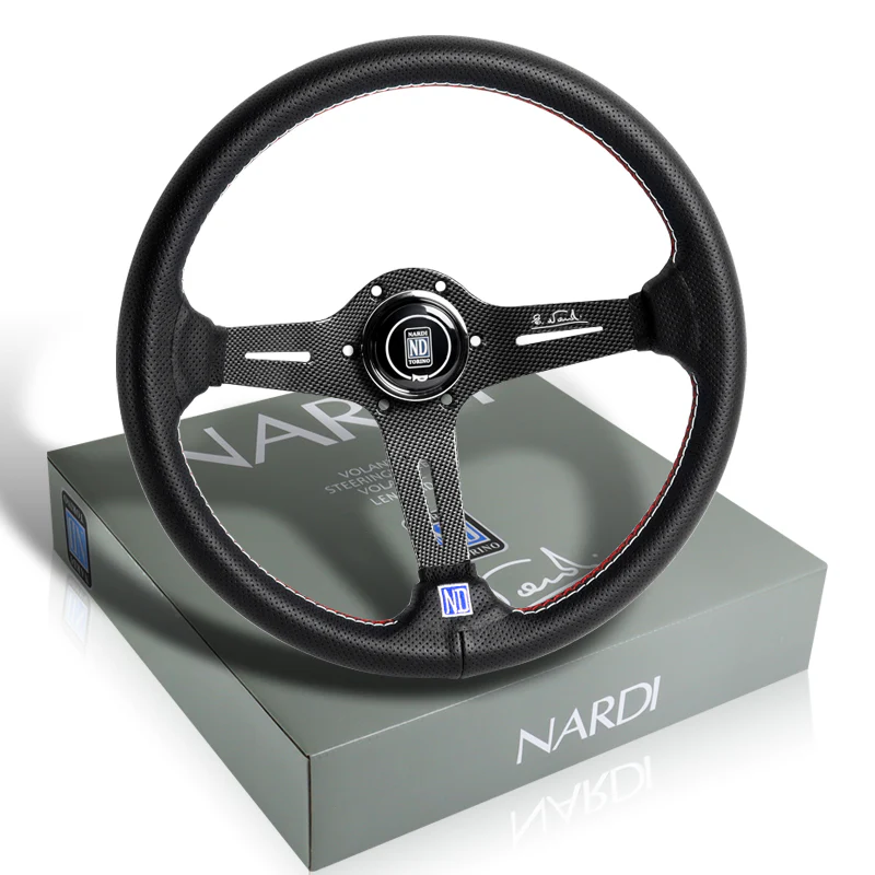Nardi New Carbon Look Spoke 350MM/ 13.78" Black Leather with Red Stitching Steering Wheel with Nardi Logo Horn Button - Image 3