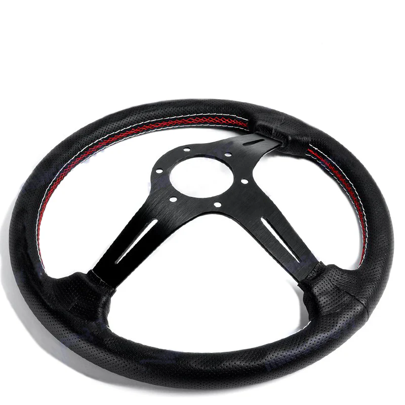 Nardi New 350MM/ 13.78" Black Leather with Red Stitching Steering Wheel with Nardi Logo Horn Button Black Spoke - Image 2