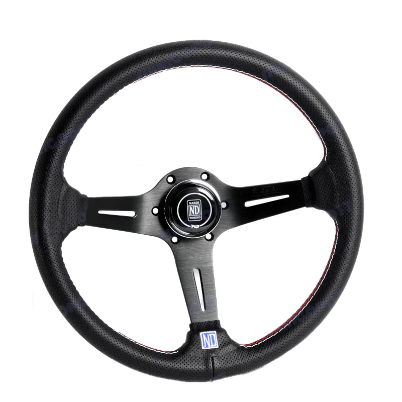 Nardi New 350MM/ 13.78" Black Leather with Red Stitching Steering Wheel with Nardi Logo Horn Button Black Spoke - Image 5