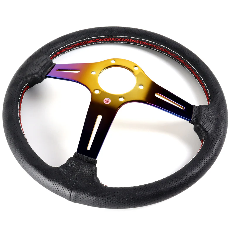Nardi New Neo Blue Gold 3 Spoke with Titanium 350MM/ 13.78" Black Leather with Red Stitching Steering Wheel with Nardi Logo Horn Button - Image 2