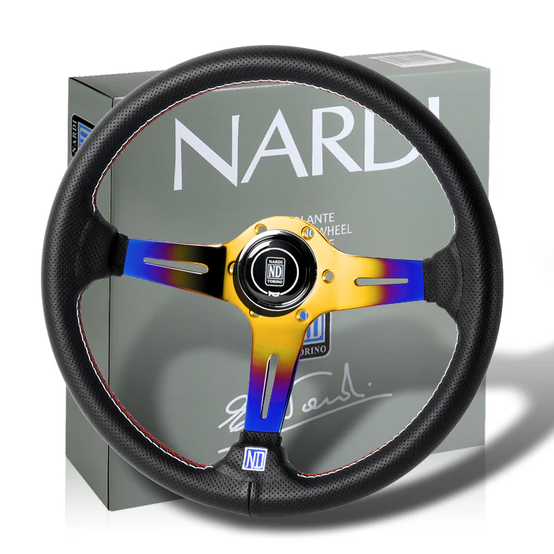 Nardi New Neo Blue Gold 3 Spoke with Titanium 350MM/ 13.78" Black Leather with Red Stitching Steering Wheel with Nardi Logo Horn Button - Image 3