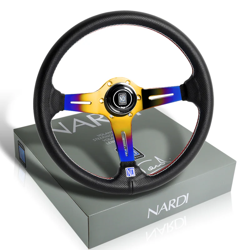 Nardi New Neo Blue Gold 3 Spoke with Titanium 350MM/ 13.78" Black Leather with Red Stitching Steering Wheel with Nardi Logo Horn Button - Image 5