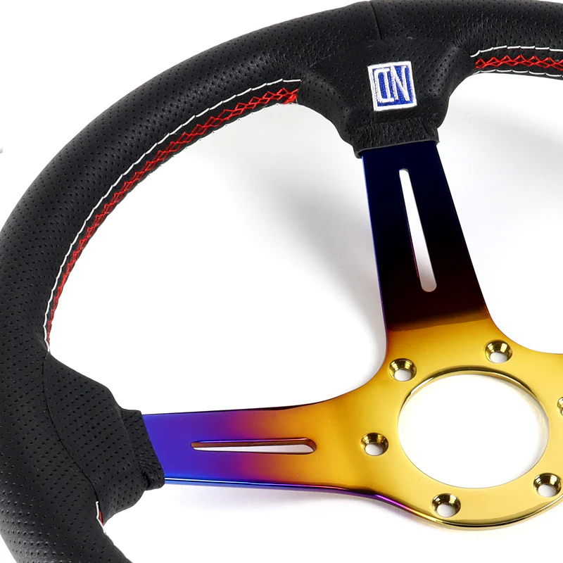 Nardi New Neo Blue Gold 3 Spoke with Titanium 350MM/ 13.78" Black Leather with Red Stitching Steering Wheel with Nardi Logo Horn Button - Image 6