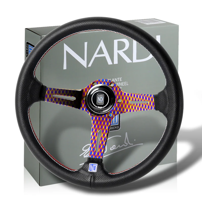 Nardi New Neo Burn 3 Spoke 350MM/ 13.78" Black Leather with Red Stitching Steering Wheel with Nardi Logo Horn Button - Image 6