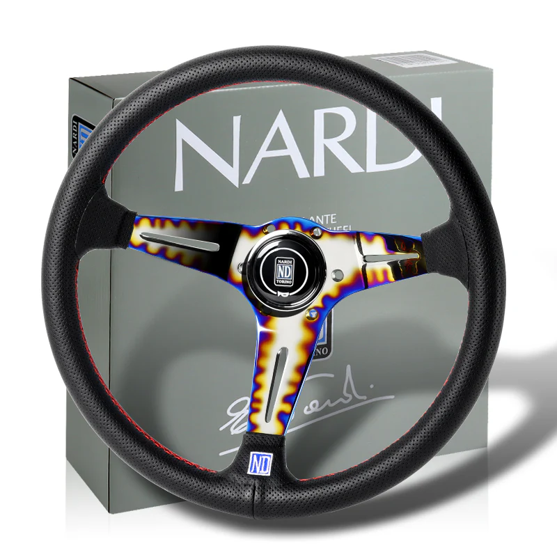 Nardi New Neo Blue Burn 3 Spoke 350MM/ 13.78" Black Leather with Red Stitching Steering Wheel with Nardi Logo Horn Button - Image 3