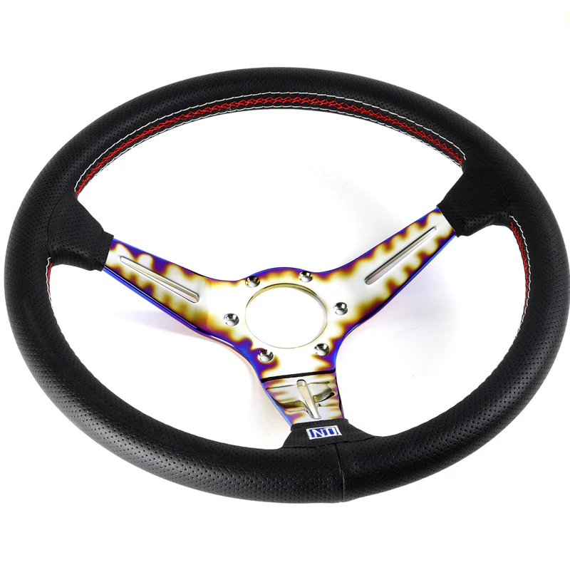 Nardi New Neo Blue Burn 3 Spoke 350MM/ 13.78" Black Leather with Red Stitching Steering Wheel with Nardi Logo Horn Button - Image 4
